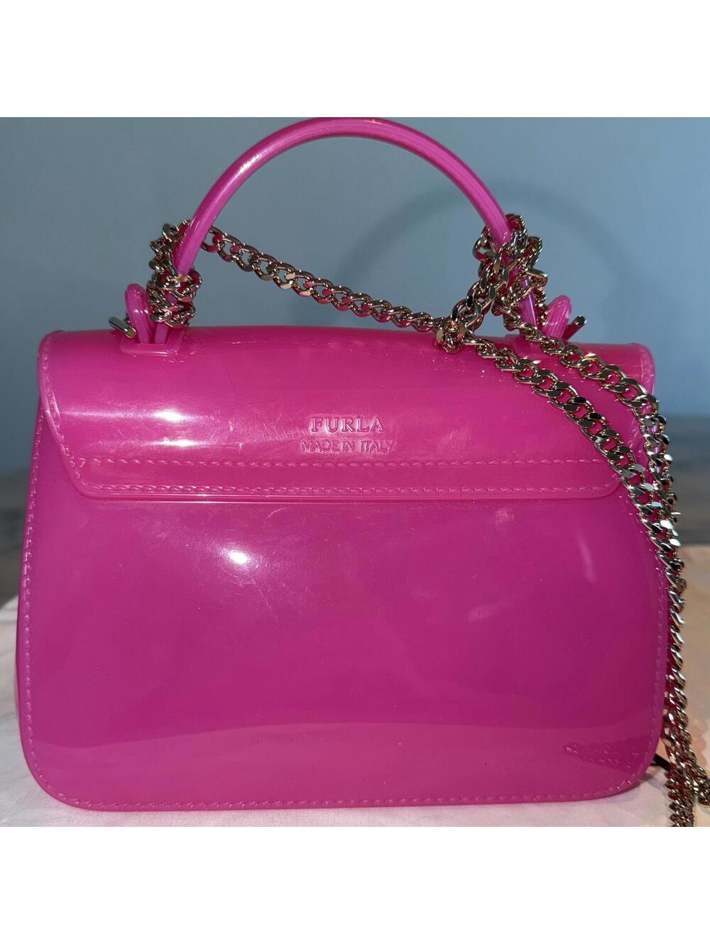 NEW Furla Candy Meringa Mini Crossbody Fuschia Hot‎ Pink PVC Rubber Top Handle - Picture 5 of 9